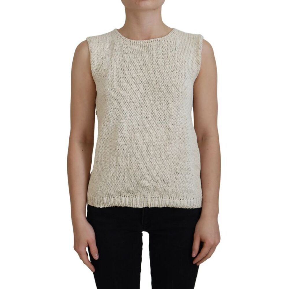 PINK MEMORIES Beige Cotton Blend Sleeveless Round Neck Tank Women's Top